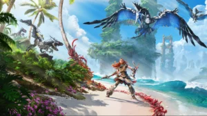 “Aloy battling a robotic creature in the vast open world of Horizon Forbidden West on PS5.”