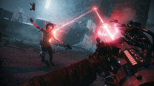 Colt aiming his weapon in the time-looping first-person shooter Deathloop on PS5.